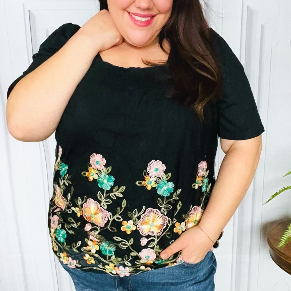 NWT Black Floral Embroidery and Lace Smocked Top